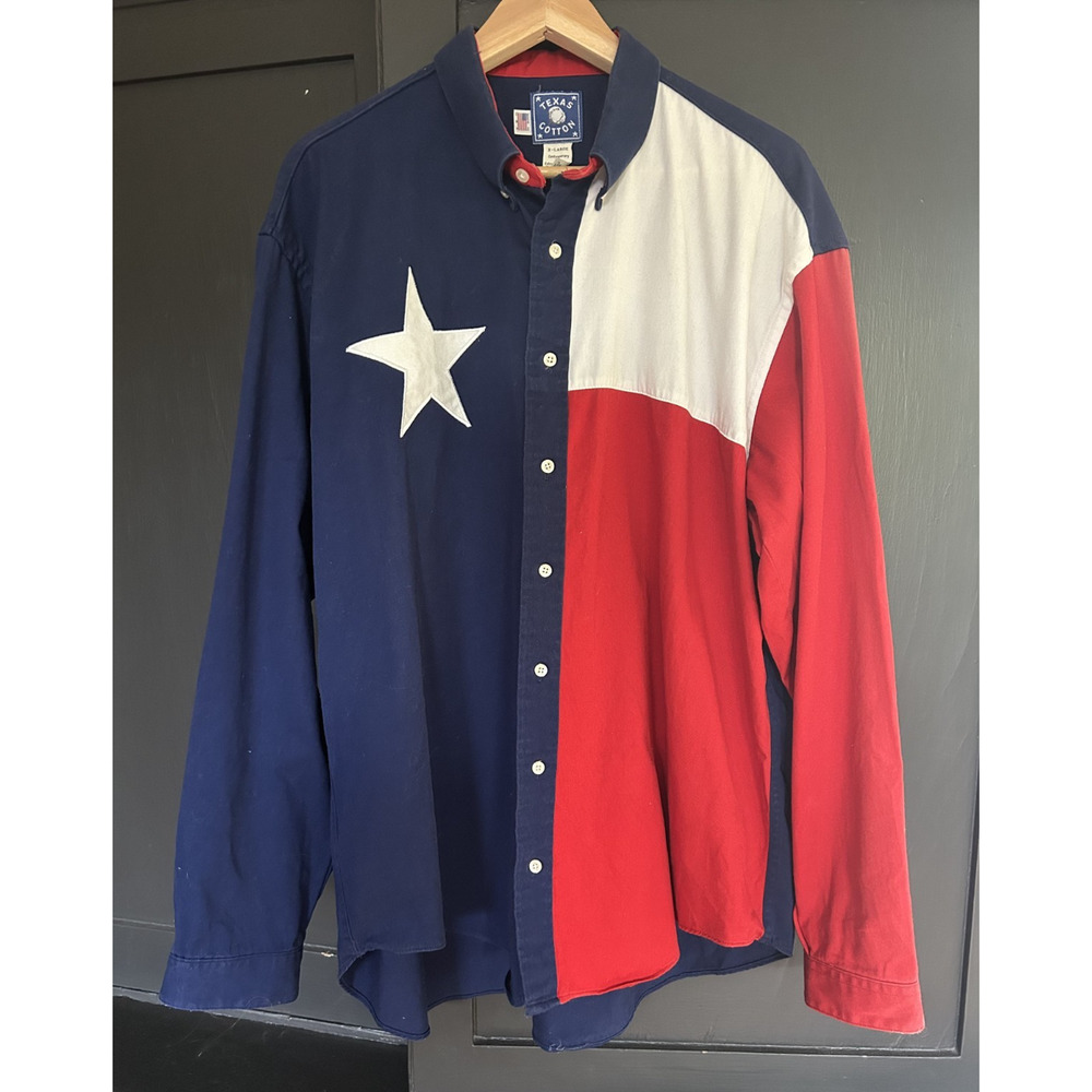 Vintage Texas Cotton USA Flag Button Front Shirt XL Red White Blue Cotton